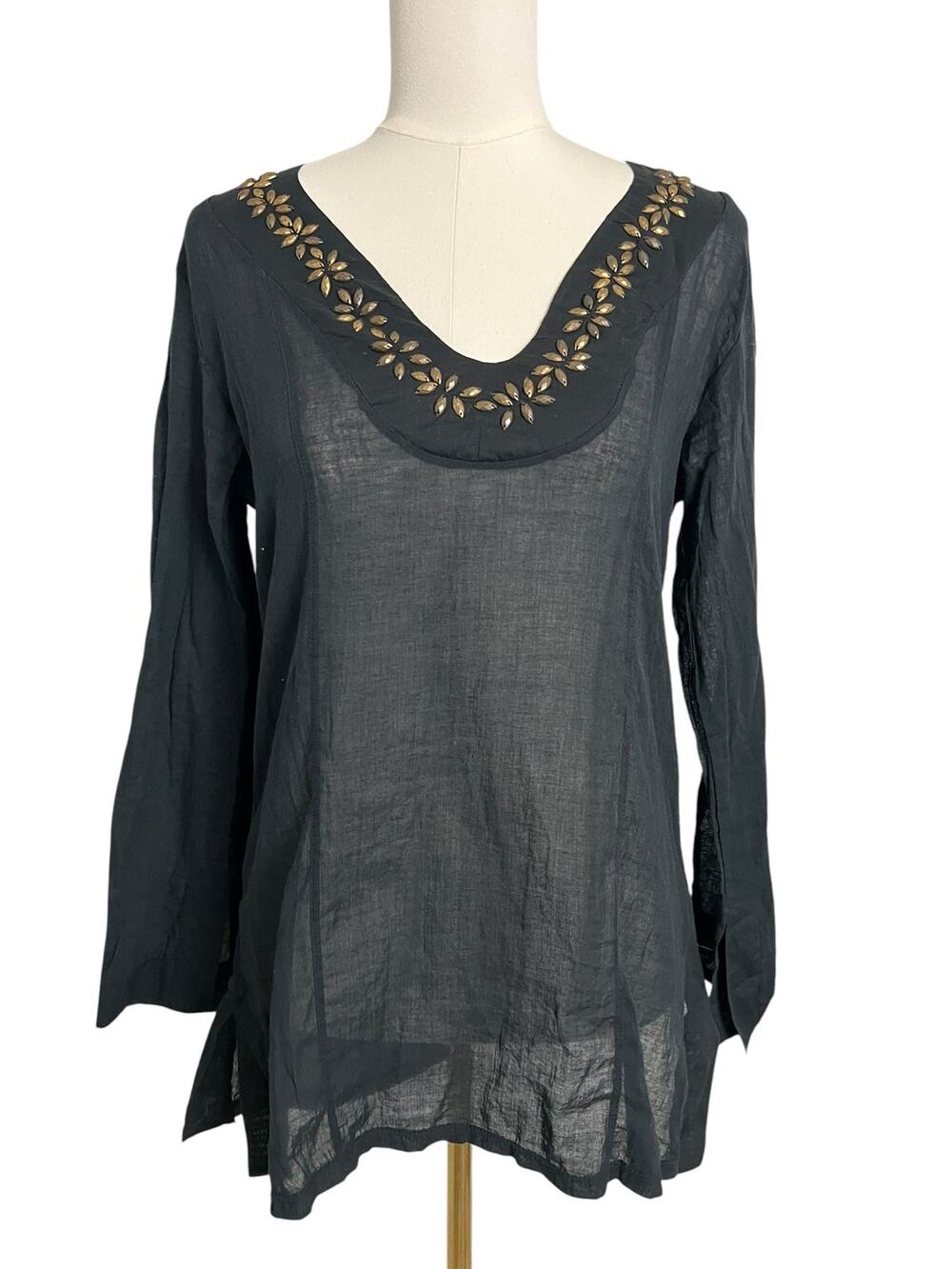 Anne Cole Black Cotton Beaded Embellished Tunic Blouse Boho Beach Cover Up S